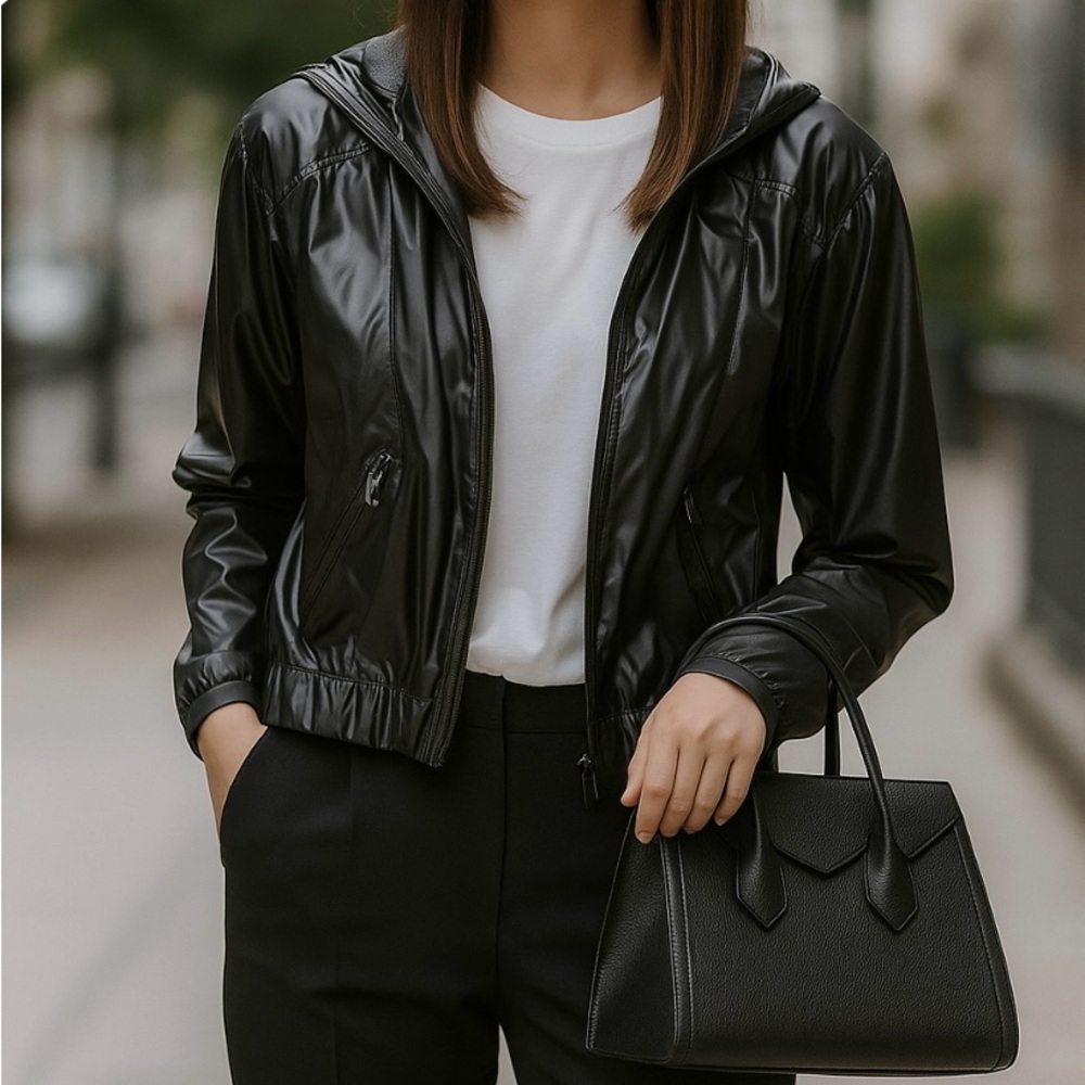 Zella | Full Zip Hooded Cropped Softshell Jacket Shiny Black Women's Size Medium